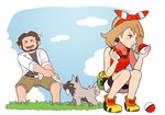  1girl beard bike_shorts blue_eyes blue_sky blush_stickers brown_hair day facial_hair gen_3_pokemon gojya hair_ribbon haruka_(pokemon) holding holding_poke_ball labcoat o_o odamaki_(pokemon) outdoors poke_ball pokemon pokemon_(creature) pokemon_(game) pokemon_oras poochyena ribbon shirt shoes short_shorts shorts sky sneakers squatting thinking two_side_up 