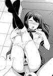  1girl ;o ass bad_id bad_pixiv_id bar_censor blush bra bra_pull censored couch feet from_above greyscale highres kneehighs kneepits kyuuso_inukami legs_together legs_up long_hair looking_at_viewer looking_up lying monochrome neckerchief nipples nose_blush on_back on_couch one_breast_out one_eye_closed original panties panty_pull penis pov pubic_hair pussy school_uniform serafuku shirt_lift short_sleeves skirt spread_legs sweat underwear wet wince 