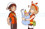  1girl :&lt;&gt; ? bag behind_back bike_shorts bracelet brown_hair character_doll fanny_pack gen_3_pokemon gojya hair_ribbon haruka_(pokemon) hat jewelry pokemon pokemon_(creature) pokemon_(game) pokemon_oras ribbon shirt short_shorts shorts shoulder_bag skitty sleeveless sleeveless_shirt swablu sweatdrop tan two_side_up watering_can white_background yuuki_(pokemon) 