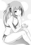  bare_arms bare_shoulders bikini blush collarbone fingernails flower front-tie_top greyscale hair_flower hair_ornament hair_ribbon hands_together highres kantai_collection kasumi_(kantai_collection) long_fingernails long_hair looking_at_viewer monochrome ribbon side_ponytail sitting smile solo swimsuit yuuki_kazuhito 