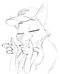  anthro black_and_white canine clothed clothing disney donald_trump dotkwa fox half-closed_eyes hat looking_at_viewer male mammal monochrome nick_wilde pointing simple_background sketch smile smirk solo zootopia 