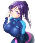  blush bodysuit breasts closed_mouth covered_nipples highres large_breasts leaning_forward long_hair looking_at_viewer love_live! love_live!_sunshine!! matsuura_kanan onsoku_maru ponytail purple_eyes purple_hair simple_background skin_tight smile solo wetsuit white_background 