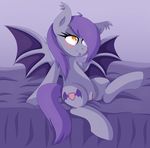 bat_pony bed blush cutie_mark feral hair midnight_flow my_little_pony pearlyiridescence purple_background purple_hair pussy simple_background solo wings 