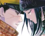  1girl age_difference ainu ainu_clothes asirpa bandana black_hair blue_eyes breath child close-up earrings golden_kamuy half-closed_eyes hat higebu_(higebu-cyo) hoop_earrings imminent_kiss jewelry long_hair looking_at_another looking_down lowres parted_lips peaked_cap protected_link scar scarf simple_background sugimoto_saichi white_background 