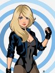  1girl abstract_background black_canary blonde_hair blue_eyes choker dc_comics fingerless_gloves fist jacket leotard looking_at_viewer solo 