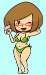  1girl bikini blush breasts brown_hair cleavage female full_body glasses looking_at_viewer navel nikki_(swapnote) nintendo_3ds solo swapnote swimsuit wide_hips winking 