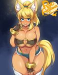  2016 animal_humanoid big_breasts blonde_hair blue_eyes blush bracelet breasts canine cleavage clothed clothing female fox fox_humanoid fur gloves hair humanoid jewelry long_hair looking_at_viewer mammal navel ryo_agawa shorts smile solo teeth thick_thighs tongue tongue_out under_boob white_fur wide_hips yellow_fur 