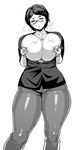  blush breasts bursting_breasts covered_nipples curvy frown glasses greyscale highres huge_breasts monochrome nipple_tweak short_hair simple_background solo sweat synecdoche thick_thighs thighs white_background 