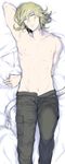  armpits barnaby_brooks_jr belt bishounen blonde_hair dakimakura glasses green_eyes highres lying male_focus navel nipples on_back shirtless solo studded_belt tiger_&amp;_bunny tori_(driftwood) 