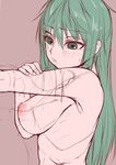  breasts eyebrows eyebrows_visible_through_hair green_eyes green_hair karasawa-40 kochiya_sanae large_breasts long_hair nipples nude puffy_nipples sketch solo touhou 