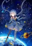  ahoge bangs black_legwear blue_dress blue_hair blunt_bangs boots closed_eyes collarbone dress elbow_gloves eyebrows eyebrows_visible_through_hair fingerless_gloves full_body gloves hand_on_own_chest highres long_hair mimengfeixue open_mouth planet quad_tails sleeveless sleeveless_dress solo space thigh_boots thighhighs very_long_hair vocaloid xingchen 