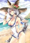  animal_ears atoshi bare_shoulders beach bracelet breasts brown_hat cleavage closed_mouth cloud cloudy_sky collarbone covered_navel cowboy_shot day ears_through_headwear erune flower frilled_swimsuit frills granblue_fantasy hair_between_eyes hair_tubes hat hat_flower heles heterochromia hibiscus horizon jewelry long_hair looking_at_viewer medium_breasts ocean one-piece_swimsuit orange_eyes outdoors red_eyes rock sand silver_hair sky smile solo standing sun_hat swimsuit very_long_hair water waves white_swimsuit 