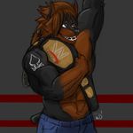  abs armpits baddemona biceps big_bad_dawg big_muscles black_fur brown_eyes brown_fur canine clothed clothing doberman dog fur jeans male mammal muscular muscular_male pants pose raised_arm ring solo standing tattoo teeth topless wrestler wwe wwe_championship 