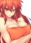  blazing_heart_(elsword) blush breasts cleavage covering covering_breasts elesis_(elsword) elsword fi-san highres large_breasts long_hair looking_at_viewer nude pillow red_eyes red_hair solo transparent_background 