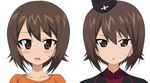  age_comparison ashiwara_yuu blush brown_hair collarbone eyebrows eyebrows_visible_through_hair garrison_cap girls_und_panzer hat kuromorimine_military_uniform military military_uniform multiple_views nishizumi_maho open_mouth portrait short_hair simple_background sweatdrop uniform white_background younger 