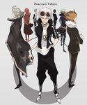  absurdres akagi_(pokemon) aogiri_(pokemon) arms_behind_back bandana chain_necklace circle_formation cloak coat english evil_smile eyewear_on_head fleur-de-lis_(pokemon) formal fur_collar geechisu_(pokemon) grey_background guzma_(pokemon) hand_in_pocket hands_on_hips highres holding holding_poke_ball hood hoodie male_focus matsubusa_(pokemon) multiple_boys poke_ball pokemon pokemon_(game) pokemon_bw pokemon_frlg pokemon_oras pokemon_sm pokemon_xy sakaki_(pokemon) short_sleeves simple_background smile suit sunglasses tongue tongue_out uenoike_(194753) 