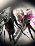  1girl black_hair blood commentary danganronpa death flipped_hair formal hair_ornament highres hood hoodie kamukura_izuru kibougamine_gakuen_school_uniform knife long_hair nanami_chiaki pink_blood pink_hair school_uniform shadow shell_(shell518) short_hair spoilers suit super_danganronpa_2 thighhighs very_long_hair 