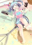  aqua_eyes bad_id bad_pixiv_id barefoot blue_hair blush collarbone cookie eyebrows_visible_through_hair feet food highres ice_cream ice_cream_spoon long_hair ninuri_shiki open_mouth oversized_object shirt shorts soles solo spoon suspenders t-shirt toes twintails 