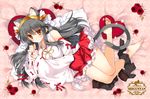  animal_ears bare_legs barefoot black_hair black_legwear blush breasts cat_ears cat_tail detached_sleeves eyebrows eyebrows_visible_through_hair flower frilled_skirt frills from_above full_body hairband haruna_(kantai_collection) heart heart_pillow japanese_clothes jewelry kantai_collection kemonomimi_mode kimono long_hair long_sleeves looking_at_viewer looking_up medium_breasts nontraditional_miko orange_eyes pillow red_flower red_ribbon red_rose red_skirt ribbon ribbon-trimmed_sleeves ribbon_trim ring rose shigunyan skirt sleeveless sleeveless_kimono smile soles solo tail thighhighs_removed very_long_hair wide_sleeves 