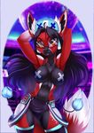  amber_eyes anthro armpits black_hair black_nose breasts canine eyebrows eyelashes eyewear female fluffy fluffy_tail fox fur glasses hair hands_behind_head long_hair mammal midriff navel red_fur solo sorafoxyteils standing wide_hips 