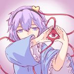  eye_of_providence frilled_sleeves frills hair_between_eyes hair_ornament hairband heart heart_hair_ornament highres illuminati komeiji_satori long_sleeves looking_at_viewer parody purple_eyes purple_hair red_eyes short_hair solo third_eye touhou upper_body yoruny 