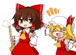  &gt;_&lt; 2girls :d =3 ascot blush bow broom brown_eyes brown_hair chibi clenched_hands closed_eyes commentary cosplay crystal detached_sleeves fang flandre_scarlet frilled_shirt_collar frills hair_bow hair_tubes hakurei_reimu hakurei_reimu_(cosplay) hat hat_ribbon katsumi5o long_sleeves multiple_girls open_mouth red_bow red_ribbon red_shirt red_skirt ribbon ribbon-trimmed_sleeves ribbon_trim sarashi shirt side_ponytail skirt skirt_set smile smug touhou v-shaped_eyebrows wide_sleeves wings xd 
