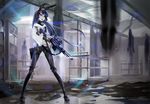  animal_ears bad_id bad_pixiv_id black_eyes black_footwear black_gloves black_hair bunny_ears gloves gun headband holding holding_gun holding_weapon hood hoodie legs_apart long_hair mamushi open_mouth original rifle shirt shoes silhouette solo_focus standing weapon weapon_request white_shirt 