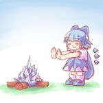  1girl blue_hair blush campfire cirno closed_eyes highres ice ice_wings outstretched_arms short_hair smile solo squatting touhou wings yoruny 
