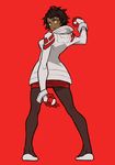  arms_behind_back candela_(pokemon) coat from_behind full_body gloves highres holding holding_poke_ball looking_at_viewer looking_back nanashi_(otaku_rock_n_roll) pantyhose poke_ball pokemon pokemon_go red_background short_hair simple_background smile solo yellow_eyes 