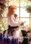  blonde_hair bow bowtie cover cover_page doujin_cover dress flower garden hair_bow highres holding indoors jar long_hair original plant potted_plant profile romiy smile solo sunlight watering_can white_dress window 