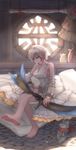  absurdres barefoot bed bow_(weapon) breasts cat cleavage crossed_legs dress earrings feet highres jewelry large_breasts pillow red_eyes short_hair solo toes weapon white_hair window yukineko 