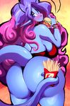  alien antennae big_breasts blue_eyes blue_skin blush breasts clothed clothing female food hair humanoid looking_back mirabelle multicolored_hair not_furry prehensile_tail purple_hair riendonut tight_clothing two_tone_hair voluptuous 