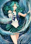  artist_name bishoujo_senshi_sailor_moon choker circlet dated gloves green_eyes green_hair green_skirt kaiou_michiru miniskirt nicole_jimenez open_mouth pleated_skirt ribbon sailor_neptune sailor_senshi_uniform signature skirt solo water white_gloves 