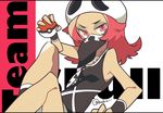  artist_name auko bandana bandana_over_mouth hat jewelry necklace pink_eyes pink_hair poke_ball pokemon pokemon_(game) pokemon_sm sitting solo team_skull team_skull_grunt twitter_username 