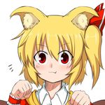  1girl :3 animal_ears blonde_hair blush cat_ears commentary_request fang flandre_scarlet hair_ribbon katsumi5o kemonomimi_mode looking_at_viewer paw_pose red_eyes red_ribbon ribbon side_ponytail solo touhou upper_body v-shaped_eyebrows wrist_cuffs 