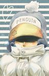  earflap_hat hat hat_over_eyes hat_pompom heart_pirates jolly_roger one_piece penguin_(one_piece) pom_pom_(clothes) striped_background 