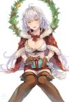 1girl ahoge boots braid breasts cape christmas christmas_wreath cleavage fur_trim gloves granblue_fantasy green_eyes highres looking_at_viewer midriff open_mouth presenting red_cape red_skirt ribbon sabanobori silva_(granblue_fantasy) silver_hair simple_background sitting skirt solo thigh_boots thighhighs white_background wreath 