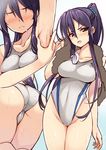  2015 arm_up armpits ass blush braid breasts competition_swimsuit dated gin_(ginshari) green_eyes highleg highleg_swimsuit long_hair medium_breasts multiple_views one-piece_swimsuit original ponytail purple_hair sidelocks spread_armpit swimsuit thighs trefoil 