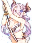  :d armpits bikini blush breasts cleavage commentary_request cowboy_shot draph frilled_bikini frills granblue_fantasy hair_ornament hair_over_one_eye highres horns katana large_breasts lavender_hair long_hair looking_at_viewer low-tied_long_hair narmaya_(granblue_fantasy) open_mouth pointy_ears purple_eyes racer_(magnet) sideboob smile solo swimsuit sword unsheathed weapon white_bikini 