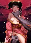  1girl asphyxiation banned_artist bare_shoulders breasts brown_hair choker clenched_hand crying drooling eyelashes fingering hair_ribbon hetero highres japanese_clothes kimono koutetsujou_no_kabaneri mumei_(kabaneri) nipples no_panties obi off_shoulder open_mouth otto out_of_frame outdoors pussy pussy_juice rape red_eyes ribbon rolling_eyes sash short_hair short_kimono short_twintails small_breasts solo_focus strangling tears tongue tongue_out twintails uncensored watermark web_address yukata 