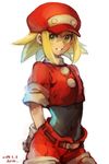  akaneko_(redakanekocat) bike_shorts blonde_hair cabbie_hat gloves green_eyes hat highres long_hair red_shorts rockman rockman_dash roll_caskett shorts smile solo 