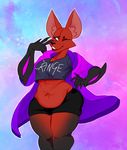  abstract_background ambiguous_form anthro belly breasts brown_fur canine clothed clothing crossgender english_text female fox front_view fur green_eyes inner_ear_fluff lips mammal navel one_eye_closed overweight pyrocynical shorts smile solo stickyhunter text wink 