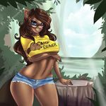  2016 beaver blue_eyes breasts clothed clothing conditional_dnp eyewear female forest glasses invalid_tag lake looking_at_viewer mammal mrawl navel rodent shirt shorts skimpy smile solo stump tree 