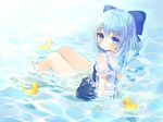  alternate_costume arm_support blue_bow blue_eyes blue_hair blush bow cirno closed_mouth commentary_request full_body hair_bow ice ice_wings lens_flare looking_at_viewer mirei partially_submerged pool puffy_short_sleeves puffy_sleeves rubber_duck school_swimsuit see-through shirt short_hair short_sleeves smile solo sunlight swimsuit swimsuit_under_clothes touhou wet wet_clothes white_shirt wings 