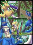  2016 absurd_res animal_genitalia animal_penis anthro armpits balls battle biped black_sclera blue_balls blue_eyes blue_fur breasts bridal_gauntlets butt canine canine_penis claws comic dialogue digimon duo english_text female fight forest fur hi_res lucario male mammal mostly_nude mykiio nintendo nipples penis pok&eacute;mon red_eyes renamon sheath spikes text tree video_games white_fur yellow_fur 