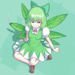  alternate_color alternate_costume alternate_element alternate_wings bloodshot_eyes bow bowtie breasts burning cirno commentary dress drugged green_bow green_eyes green_hair green_wings hair_bow hapa_cirno highres leaf_wings loafers marijuana md5_mismatch profitshame shoes short_hair sitting small_breasts smirk smoke solo touhou wings 