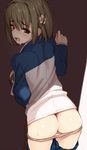  2015 ass blue_eyes blush brown_hair dated flower from_behind gin_(ginshari) grey_panties hair_flower hair_ornament jacket looking_back open_mouth original panties panty_pull pussy short_hair shorts shorts_pull solo track_jacket underwear 