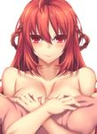  blush breasts cleavage covering covering_breasts elesis_(elsword) elsword fi-san grand_master_(elsword) highres large_breasts long_hair looking_at_viewer nude pillow red_eyes red_hair solo transparent_background 