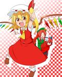  :d =_= ascot beret black_bow blonde_hair blue_bow blush bow braid cape checkered checkered_background chinese_clothes commentary_request crystal fang finger_gun flandre_scarlet foreshortening hair_bow hat hat_ribbon high_collar hong_meiling katsumi5o long_sleeves looking_at_viewer mob_cap multiple_girls open_mouth pointing pointing_at_viewer puffy_short_sleeves puffy_sleeves red_eyes red_hair red_ribbon ribbon sekibanki short_hair short_sleeves side_ponytail smile star sweat touhou twin_braids wings wrist_cuffs 