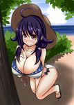  ahoge bikini blush breasts cleavage commentary hat highres kantai_collection large_breasts long_hair looking_at_viewer low_twintails purple_hair red_eyes smile solo sun_hat swimsuit taigei_(kantai_collection) twintails yutanpo-2 